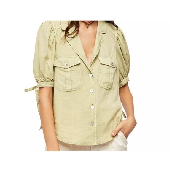 FREE PEOPLE WOMEN'S GREEN ELBOW SLEEVE SAFARI BABE TOP Sz XS - Picture 1 of 4